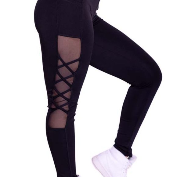 High-Waisted & Criss Cross Mash Panel Gym and Yoga Leggings with Side Pockets - Picture 4 of 7